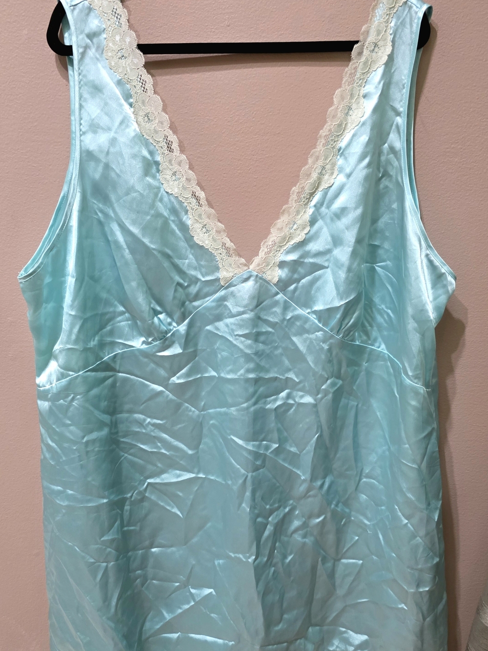 Satin V-Neck Chemise with Lace Trim in Light Blue